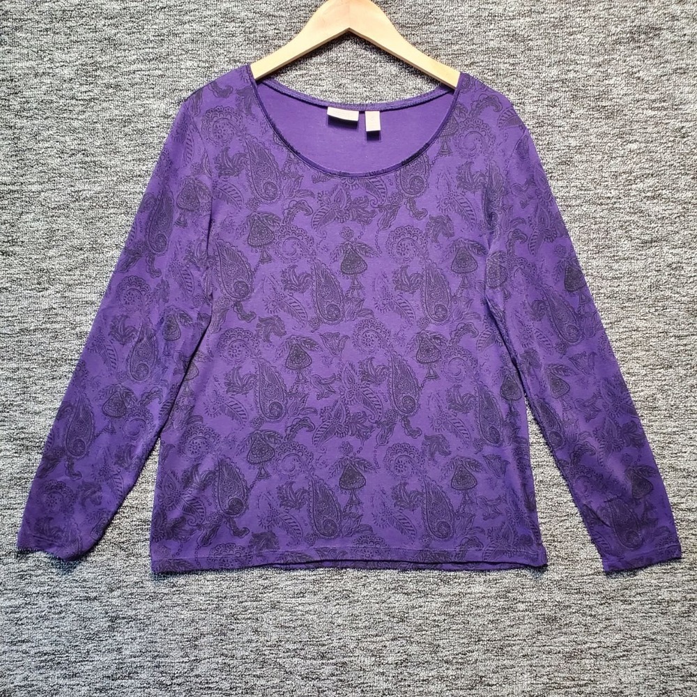 Chicos Top Womens Large Purple Paisley Long Sleeve Cotton Stretch Tee